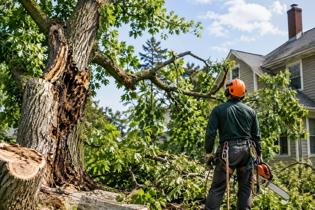 Professional tree removal expert assessing a damaged tree
